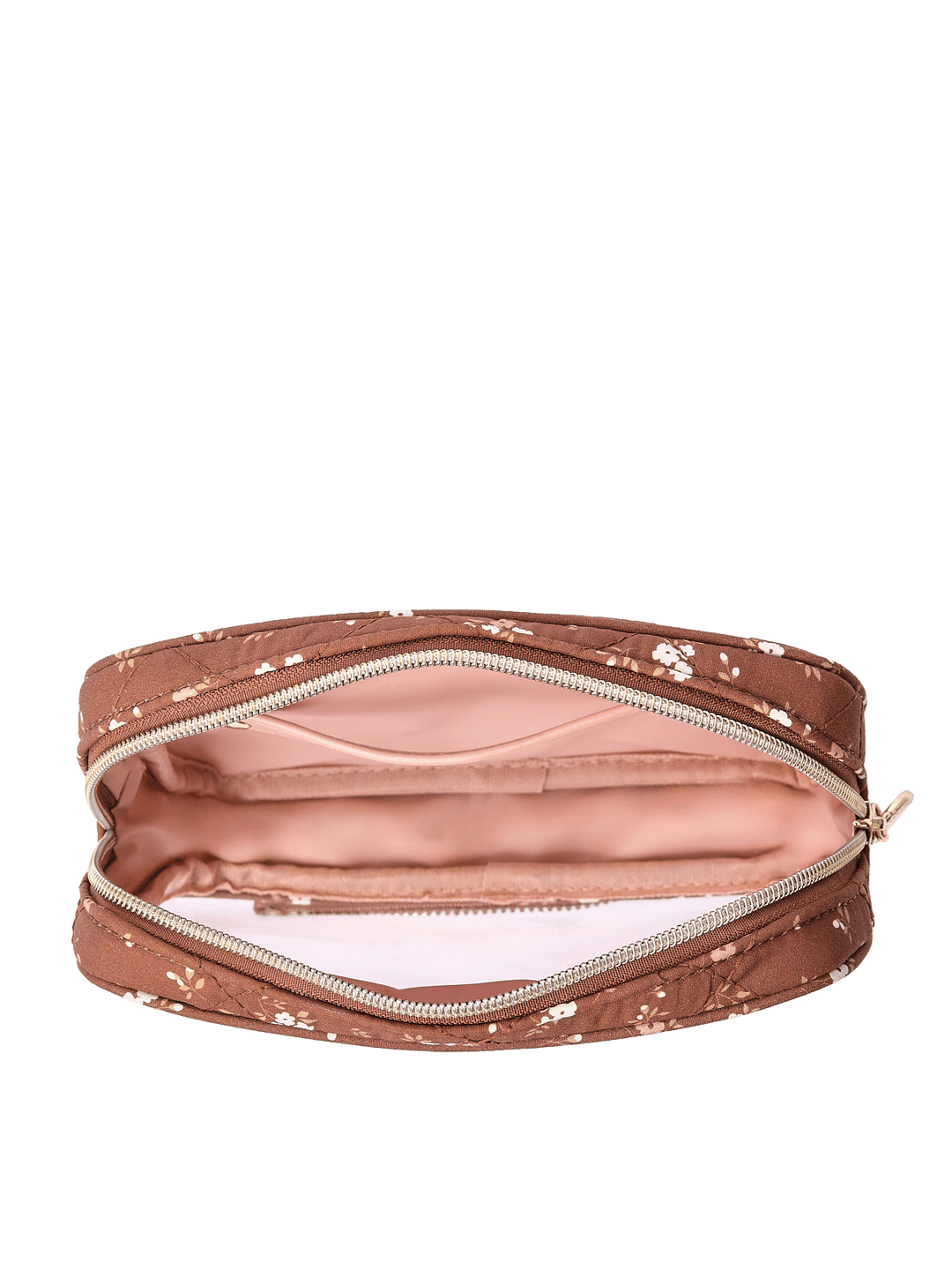 The Split Organizer in Brown Floral opened with clear windows

