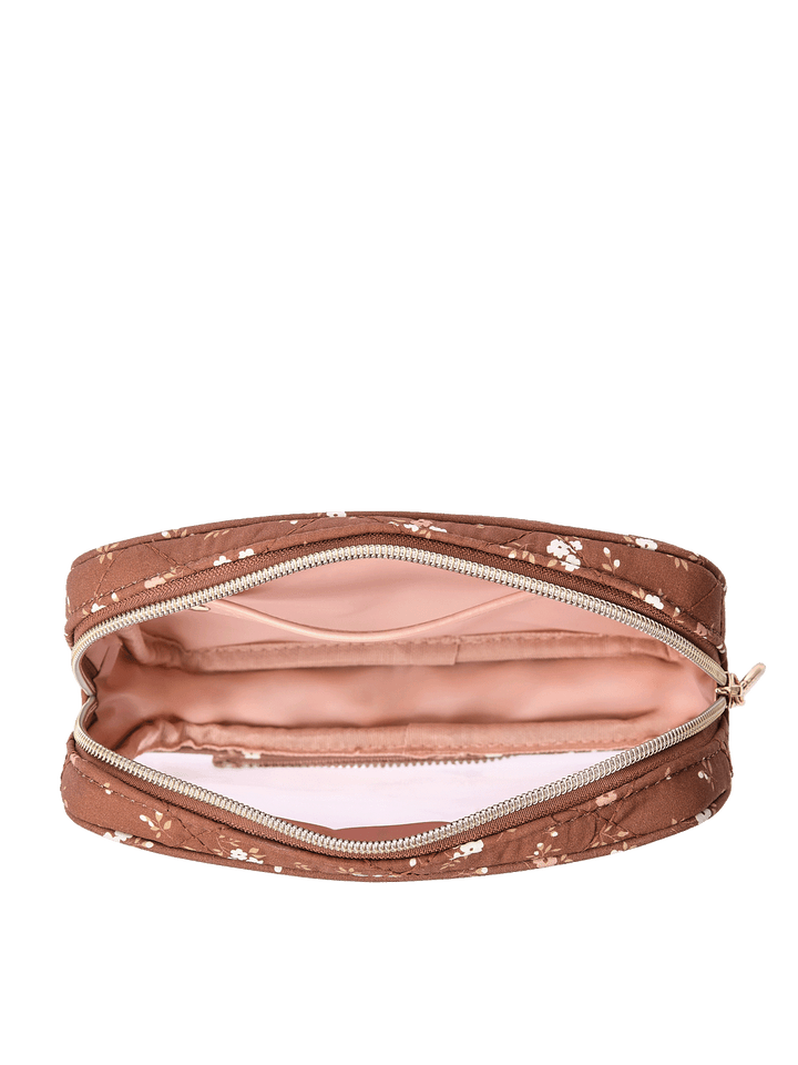 The Split Organizer in Brown Floral opened with clear windows
