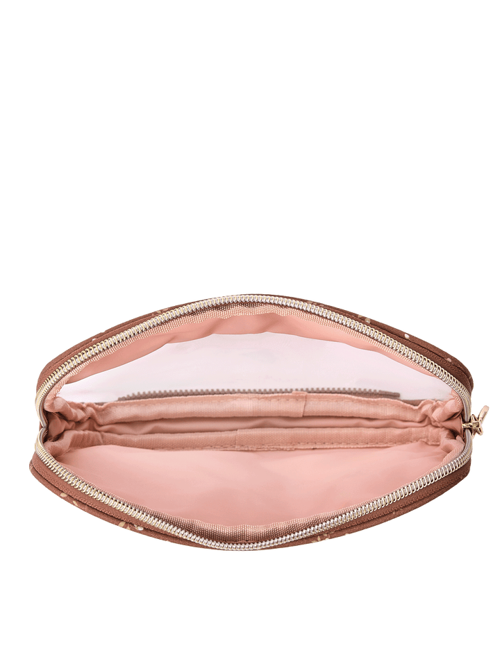 Open view of The Split Organizer in Brown Floral showing wipeable interior and jewelry tab