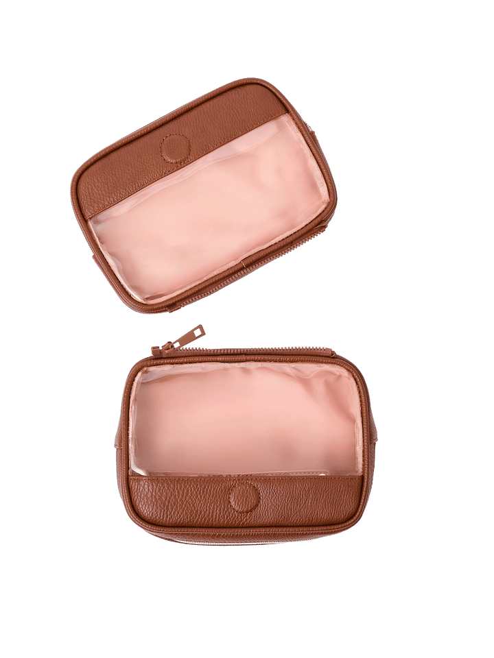 The Split Organizer in Chestnut with compartments separated for individual use