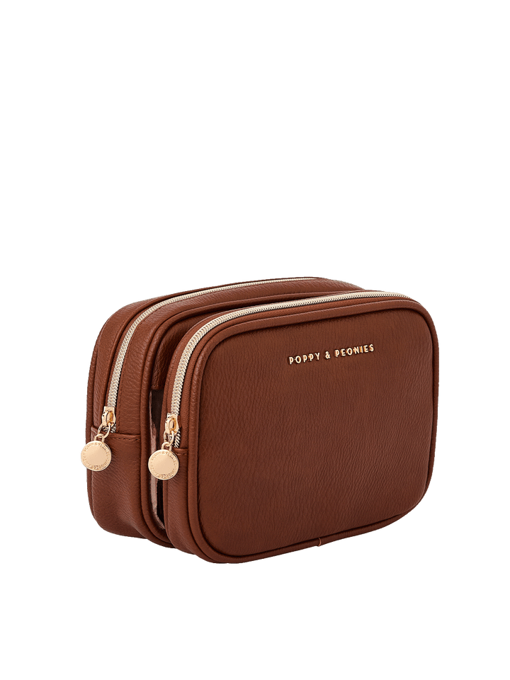 Angled side view of The Split Organizer in Chestnut showing dual compartments
