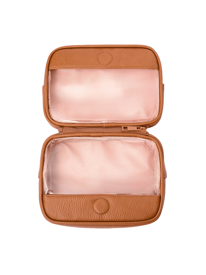 The Split Organizer in Cognac with compartments separated for individual use