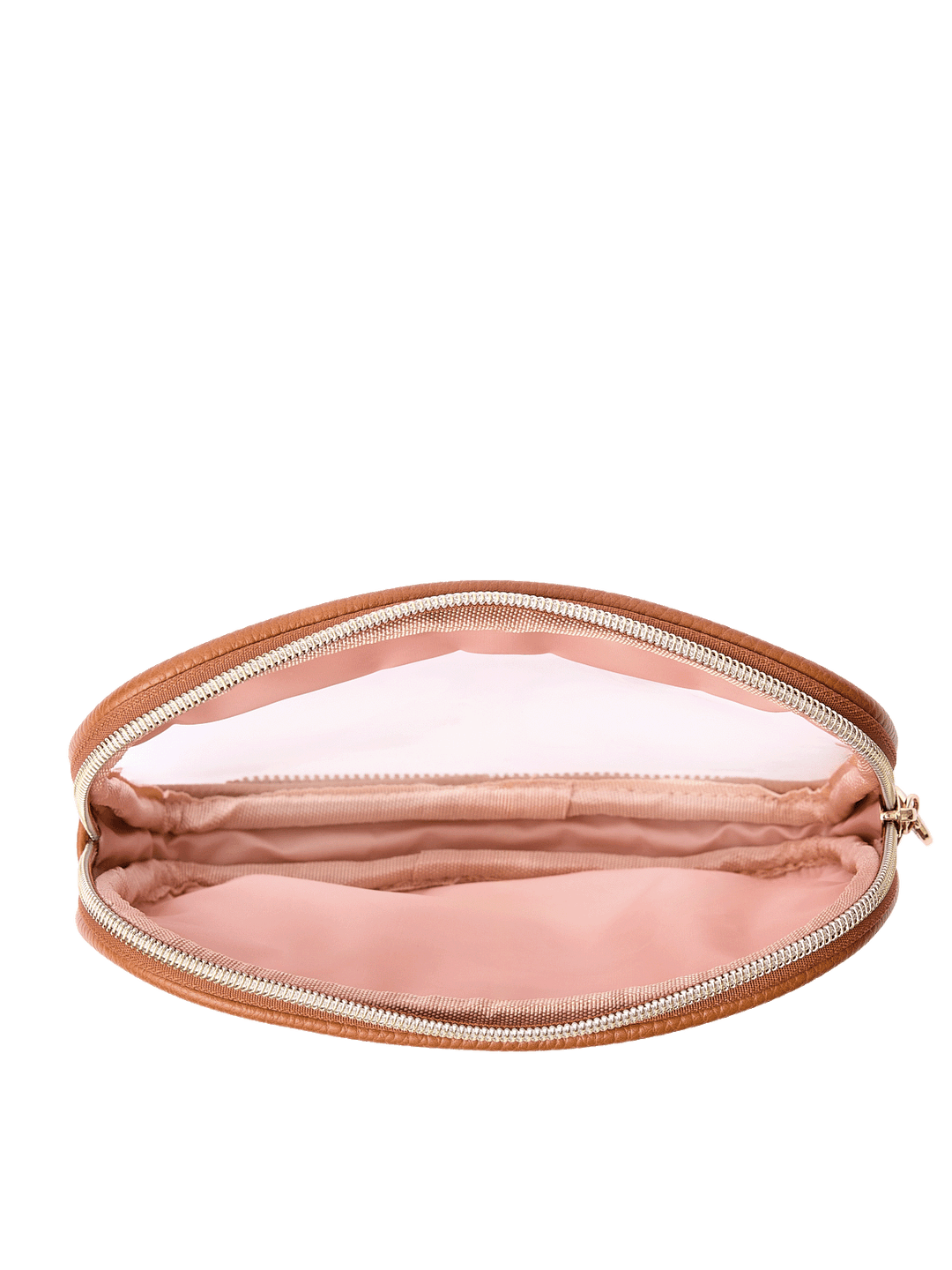 The Split Organizer in Cognac fully unzipped
