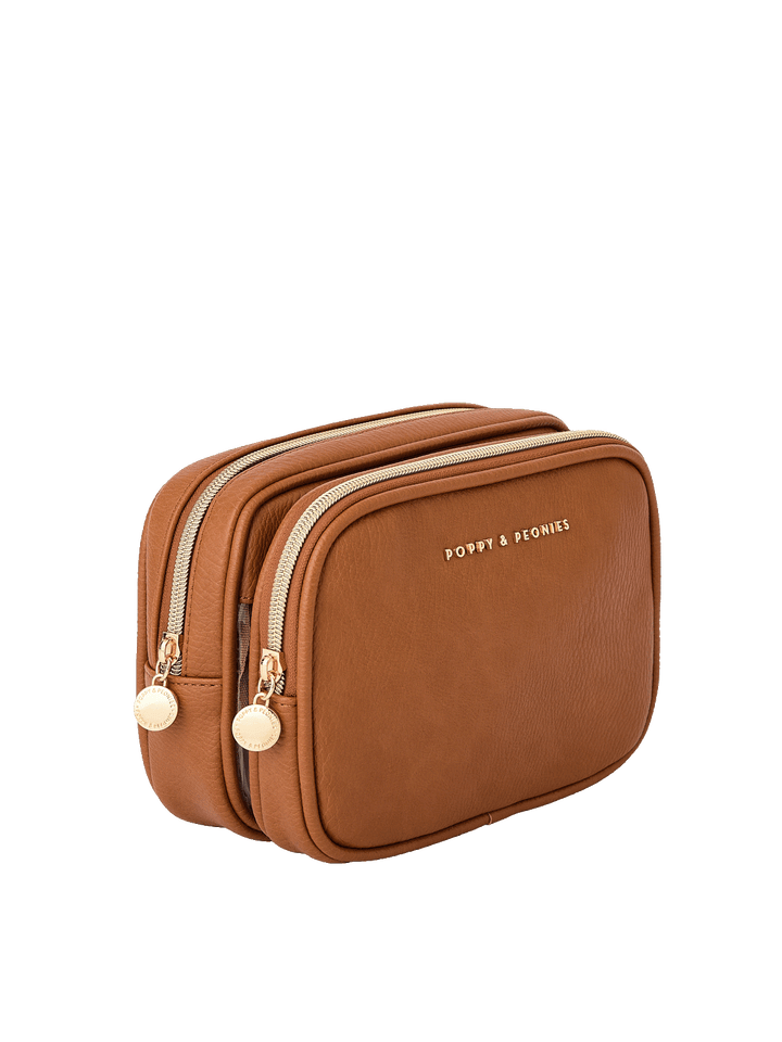 Angled side view of The Split Organizer in Cognac showing dual compartments