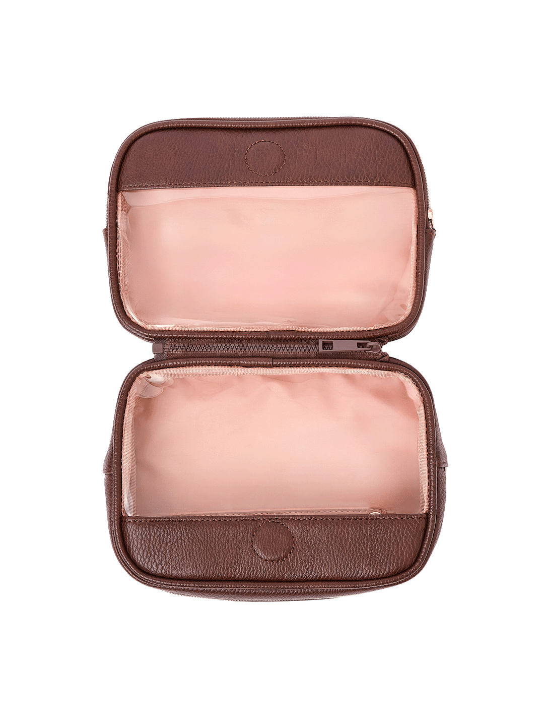 The Split Organizer in Espresso fully unzipped to display both compartments