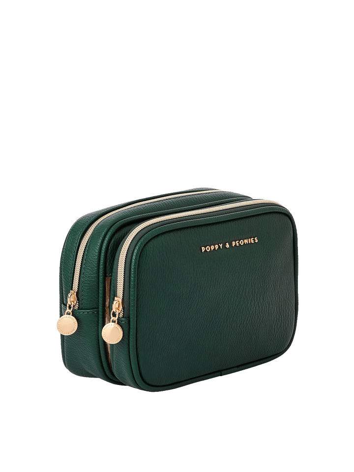 Angled side view of The Split Organizer in Heritage Green showing dual compartments