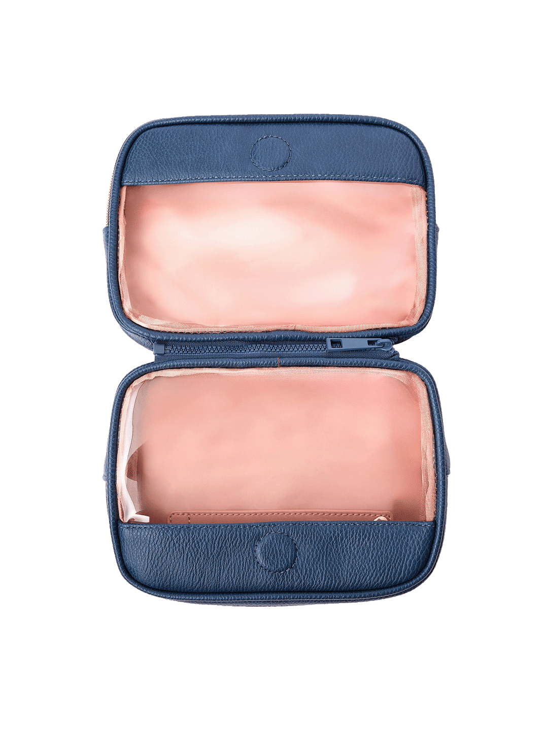 The Split Organizer in Navy fully unzipped to display both compartments