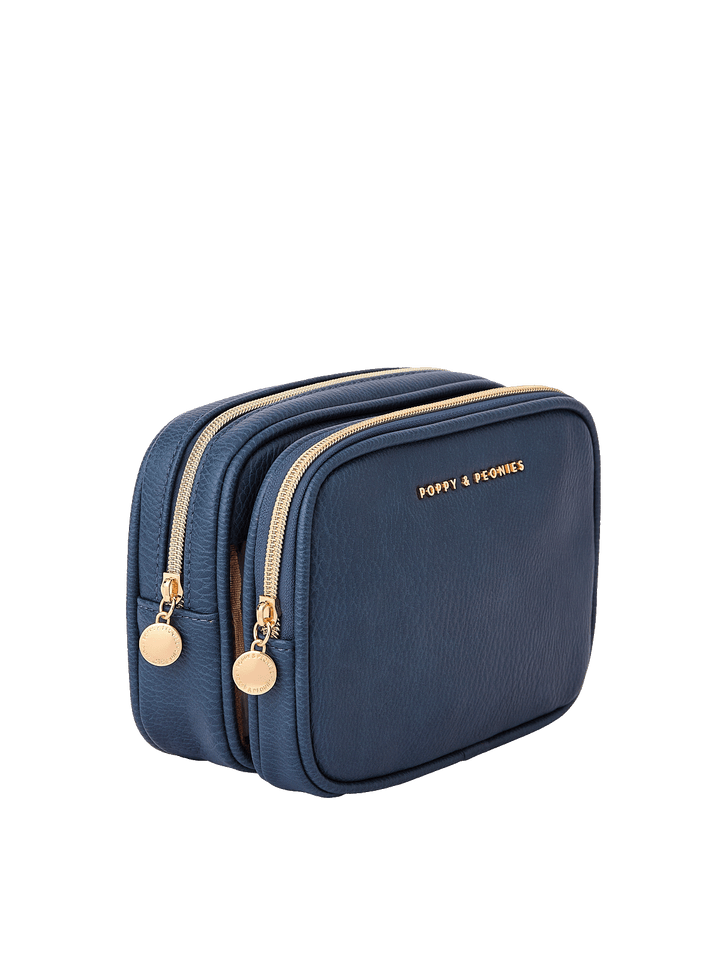 Angled side view of The Split Organizer in Navy showing dual compartments
