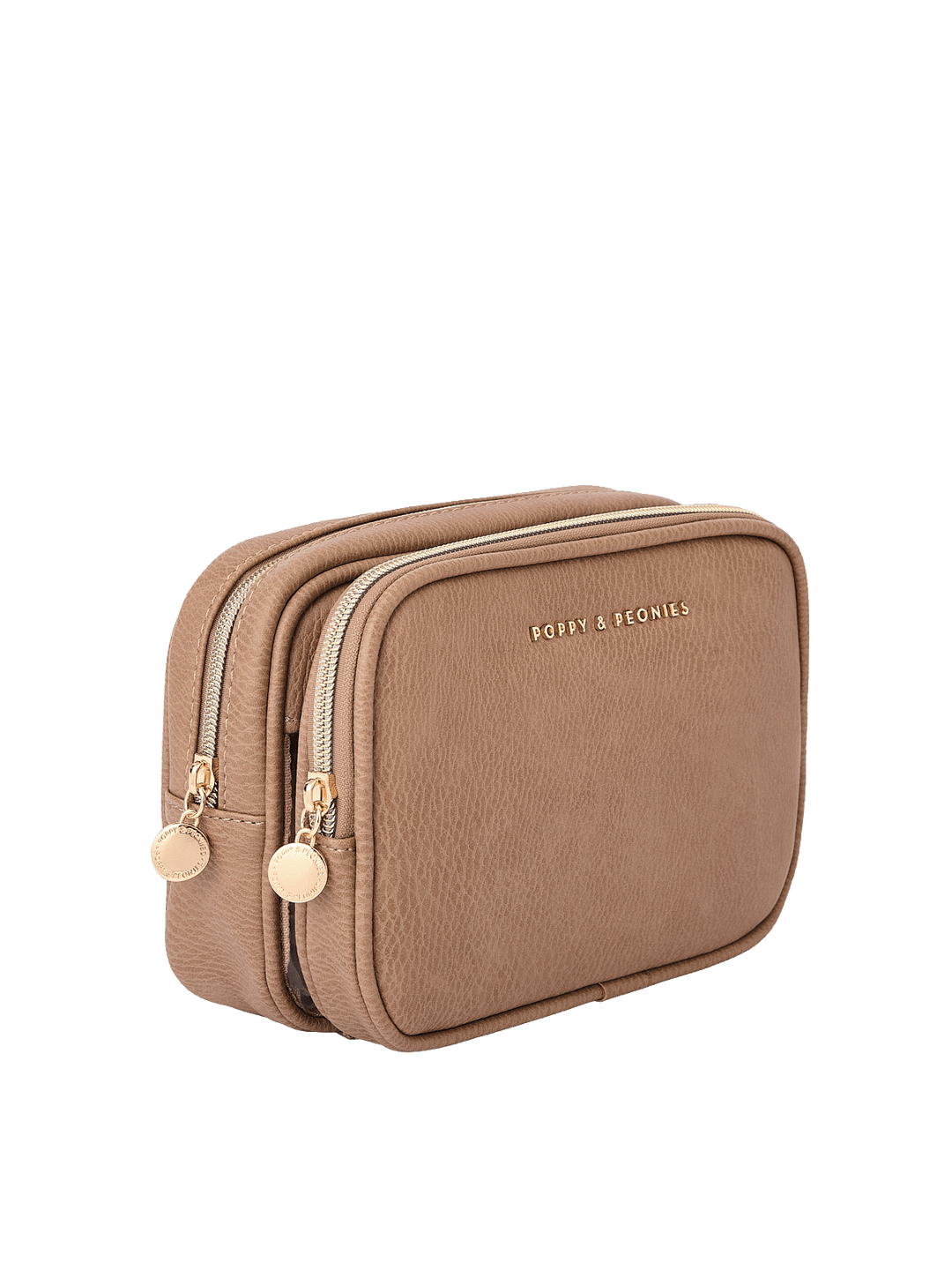 Angled side view of The Split Organizer in Taupe showing dual compartments