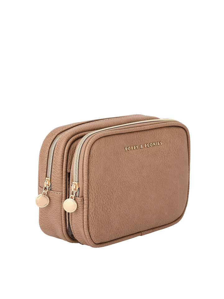 Angled side view of The Split Organizer in Taupe showing dual compartments