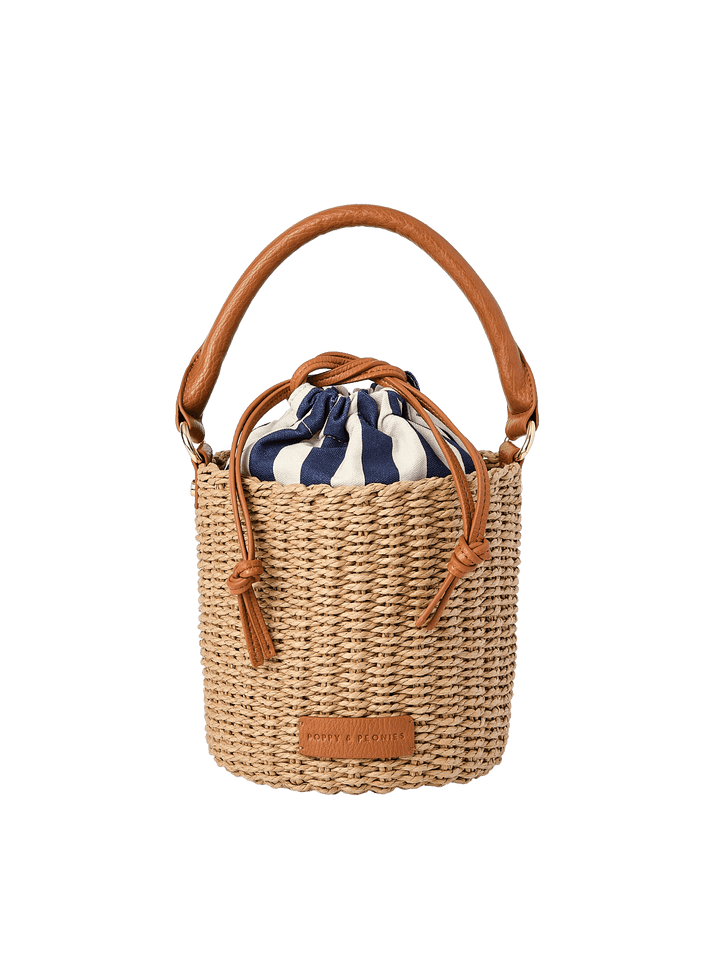 Woven handbag with vegan leather handle