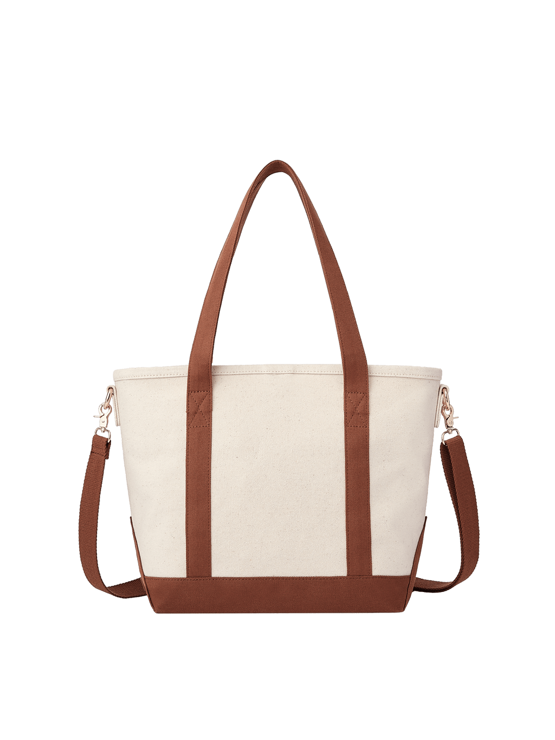 Poppy & Peonies The Small Signature Tote in Chestnut, front product view showing cream canvas, chestnut brown trim, long handles and detachable shoulder strap.