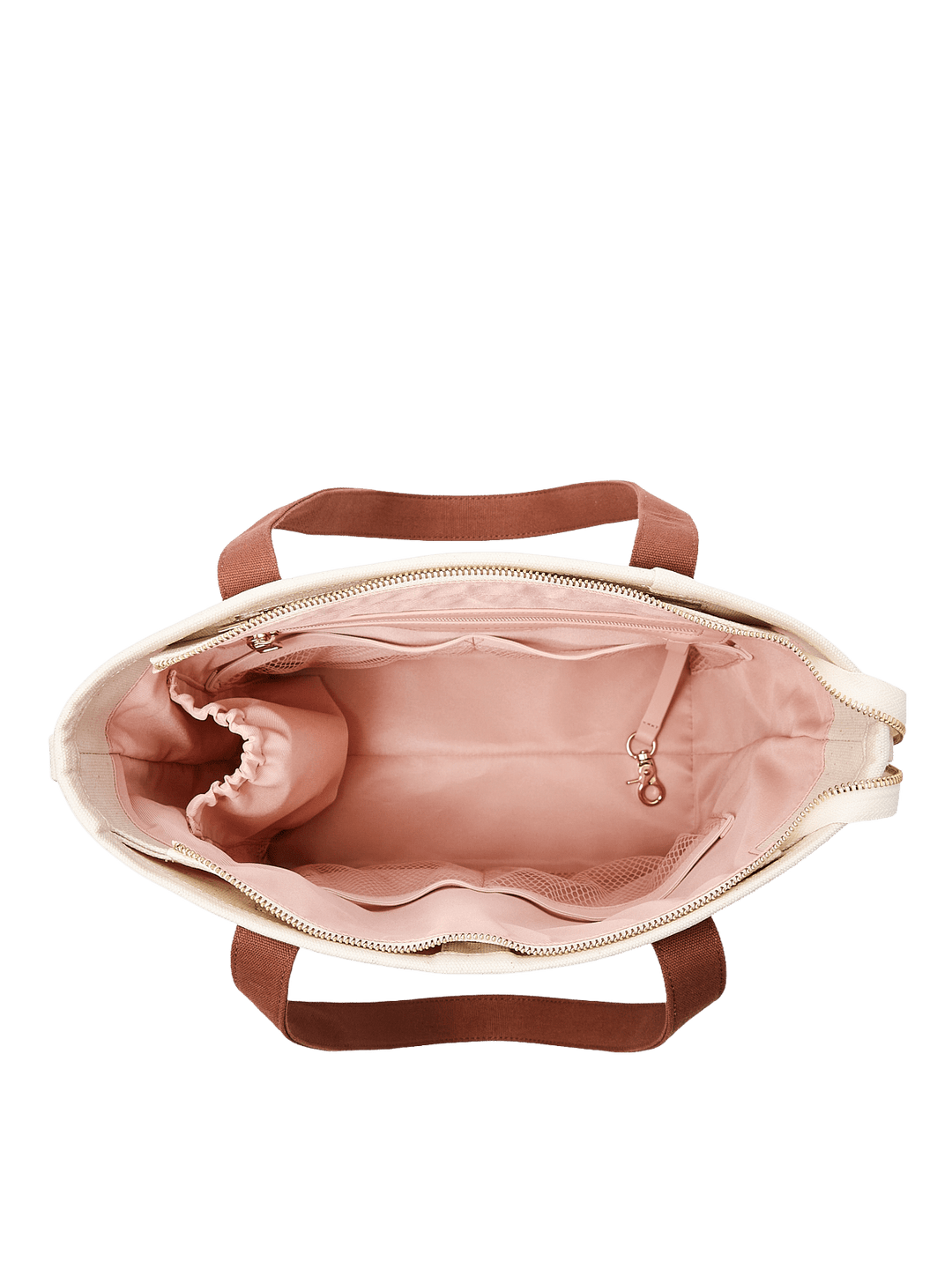 Top-down view of Poppy & Peonies The Small Signature Tote in Chestnut, showing its open main compartment, blush pink lining and interior pockets.