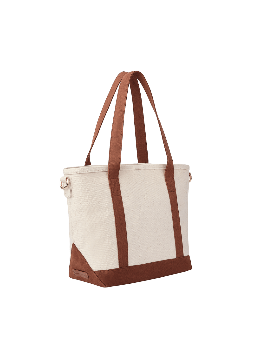 Angled product view of Poppy & Peonies The Small Signature Tote in Chestnut, featuring long brown handles, cream canvas panels and a structured matching base.