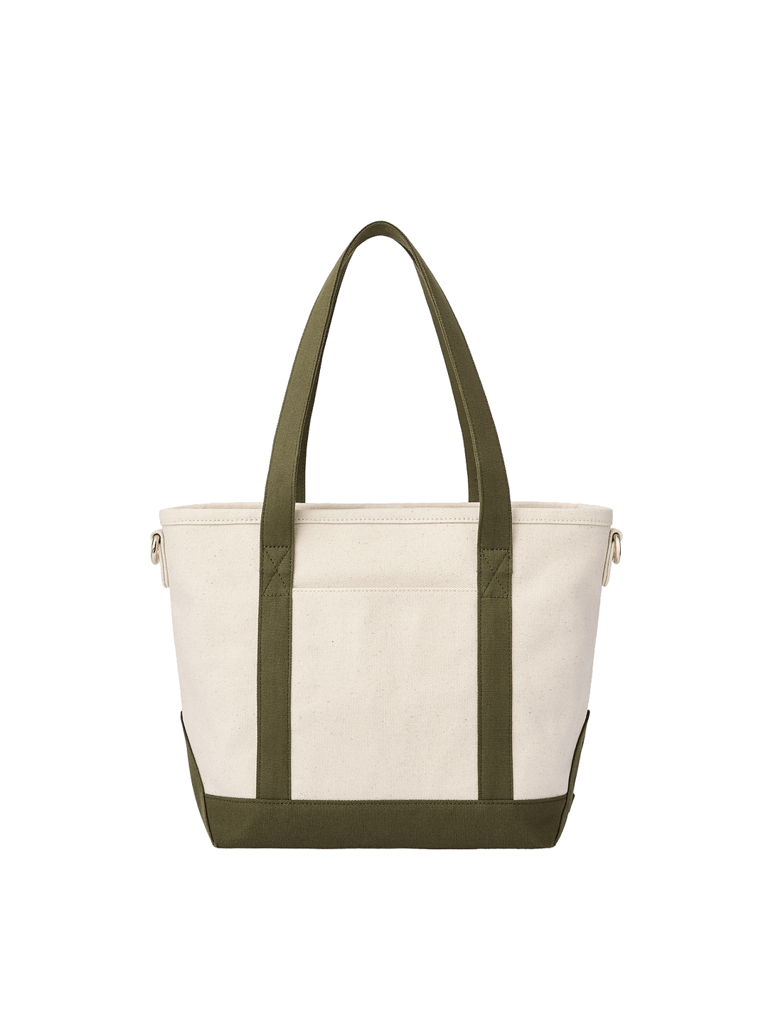 Poppy & Peonies The Small Signature Tote in Olive, back view featuring a cream canvas exterior, long olive green handles, matching base, and structured silhouette.