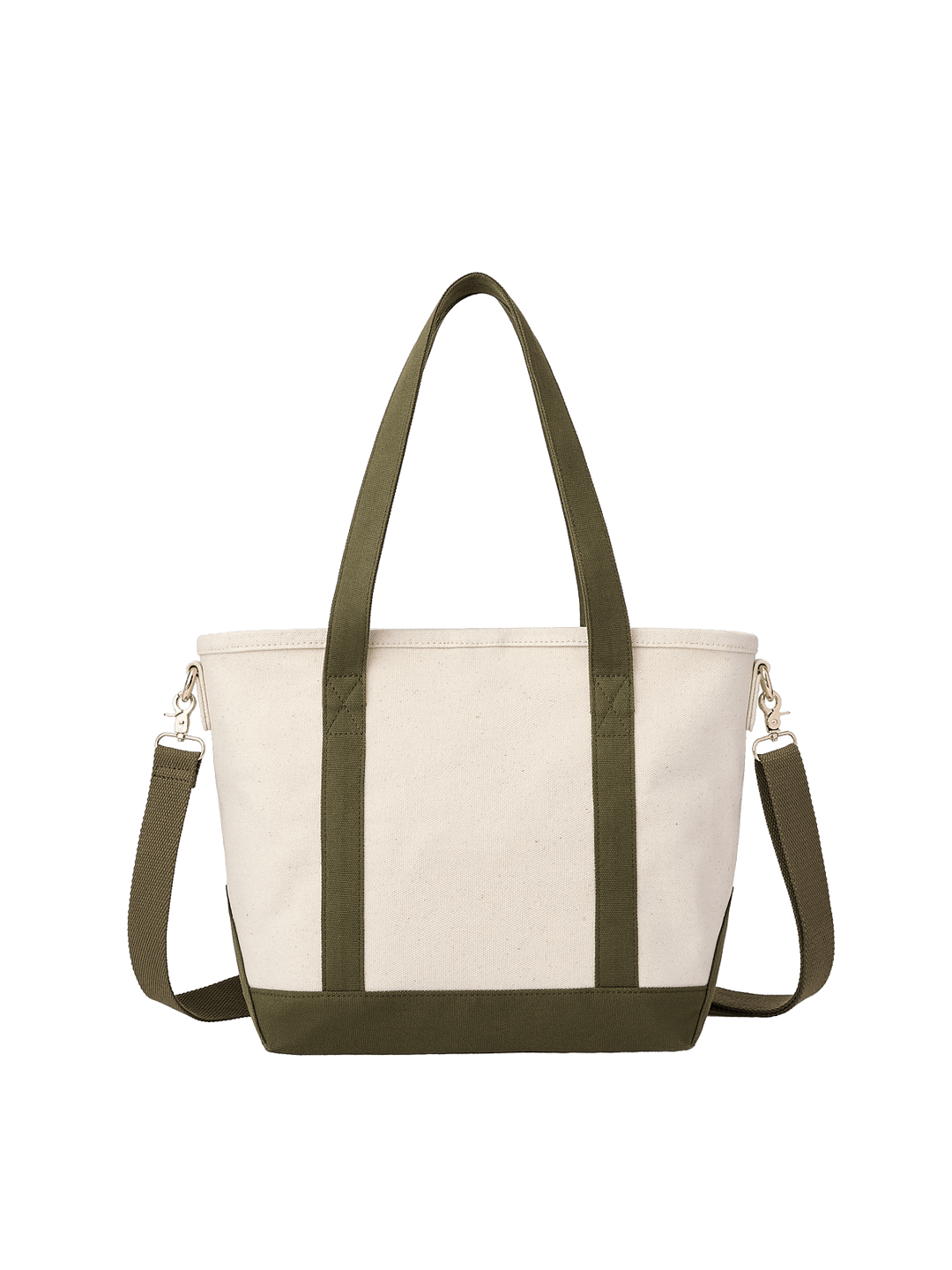 Poppy & Peonies The Small Signature Tote in Olive, front product view showing its cream canvas exterior, olive green handles and base, and detachable shoulder strap.