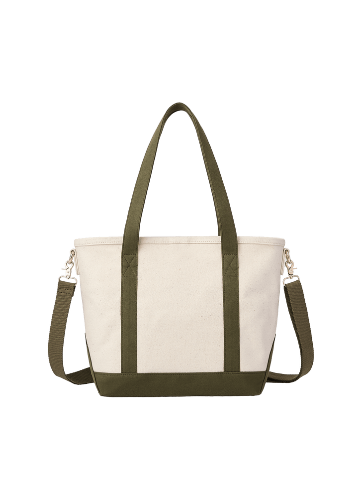 Poppy & Peonies The Small Signature Tote in Olive, front product view showing its cream canvas exterior, olive green handles and base, and detachable shoulder strap.