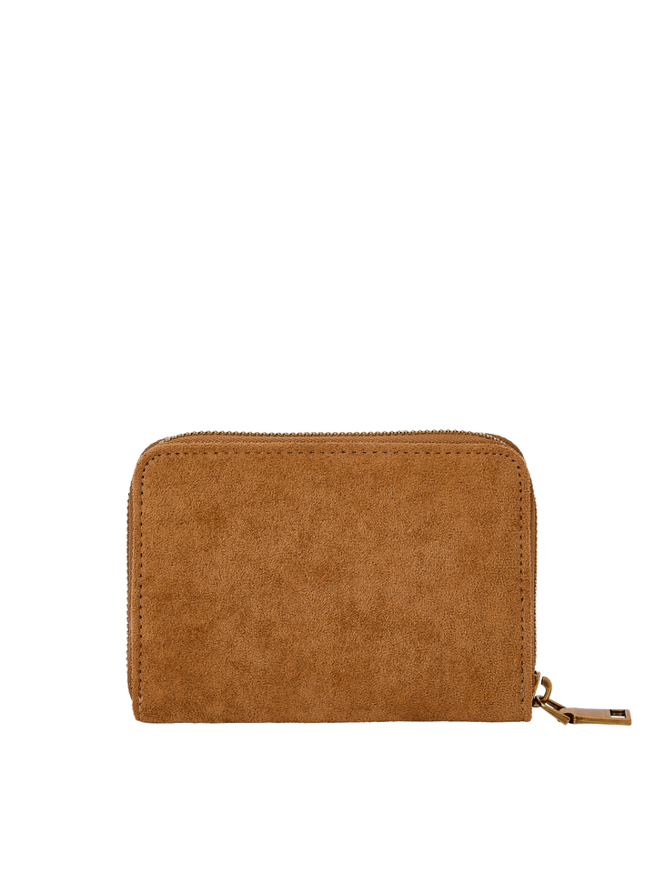 Poppy & Peonies The Grab and Go Wallet in Cognac Suede back view, featuring a compact zip-around design and soft suede exterior.