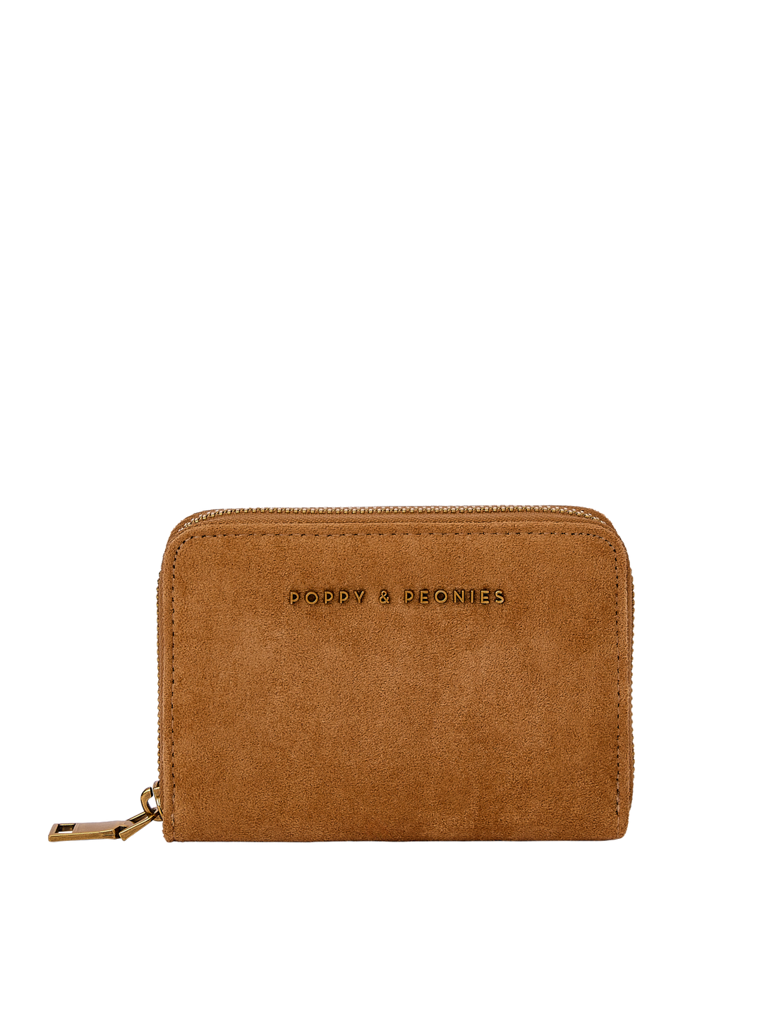 Poppy & Peonies The Grab and Go Wallet in Cognac Suede clean front view, highlighting the compact silhouette, suede texture and signature logo.