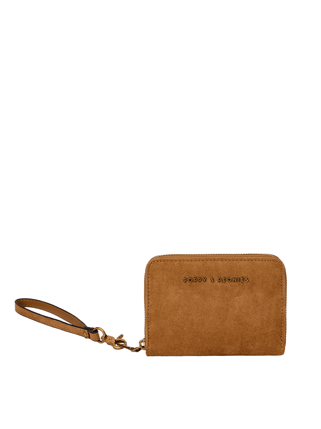 A tan suede wallet with detachable wristlet. 