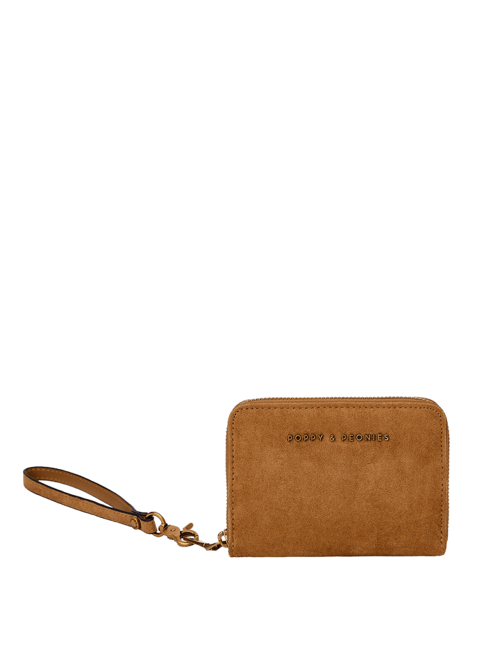 A tan suede wallet with detachable wristlet. 