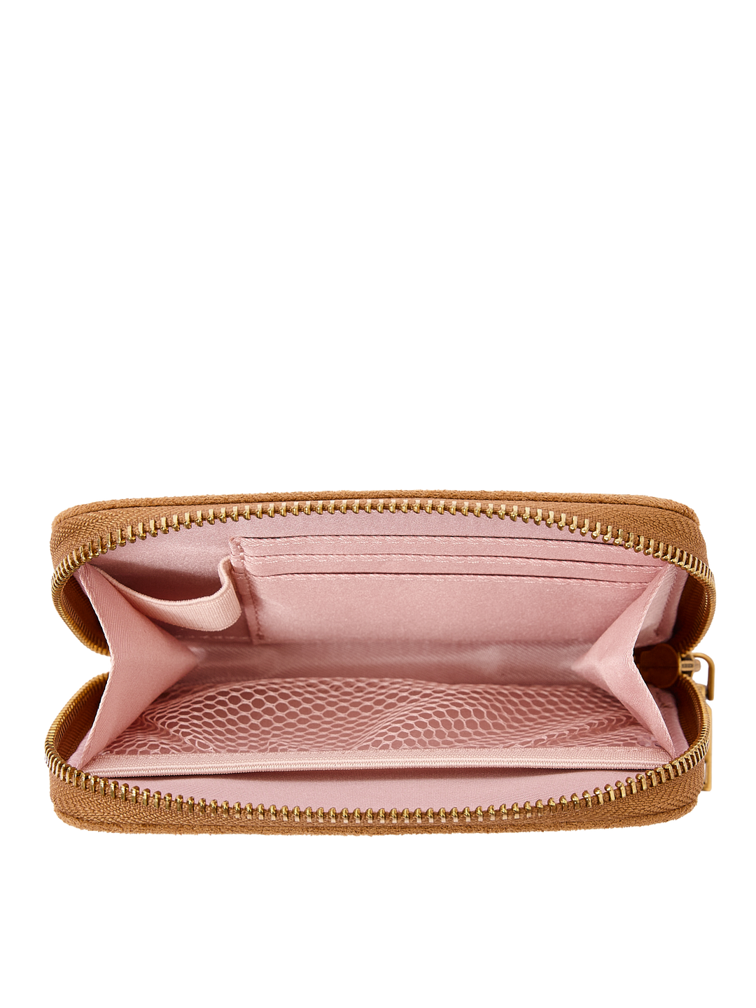 Poppy & Peonies The Grab and Go Wallet in Cognac Suede open interior view, showcasing blush-pink lining, card slots and organized compartments.