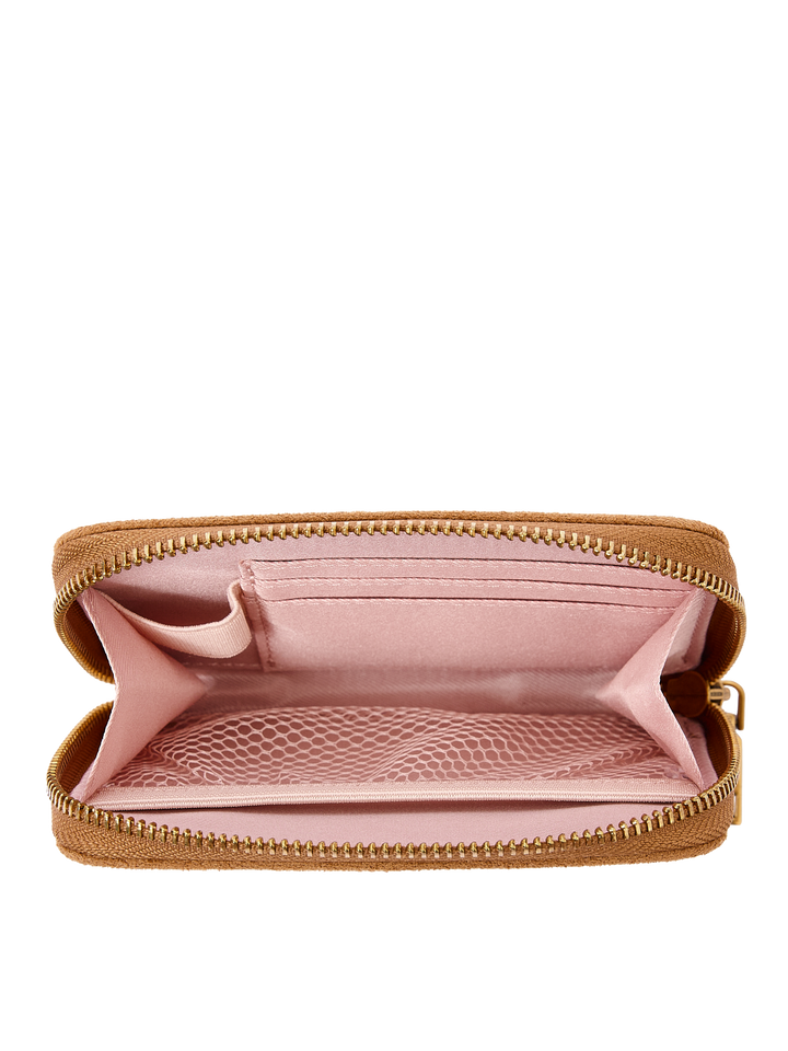 Poppy & Peonies The Grab and Go Wallet in Cognac Suede open interior view, showcasing blush-pink lining, card slots and organized compartments.