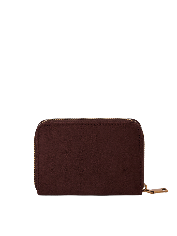Poppy & Peonies The Grab and Go Wallet in Espresso Suede back view, featuring a compact zip-around design and soft suede exterior.