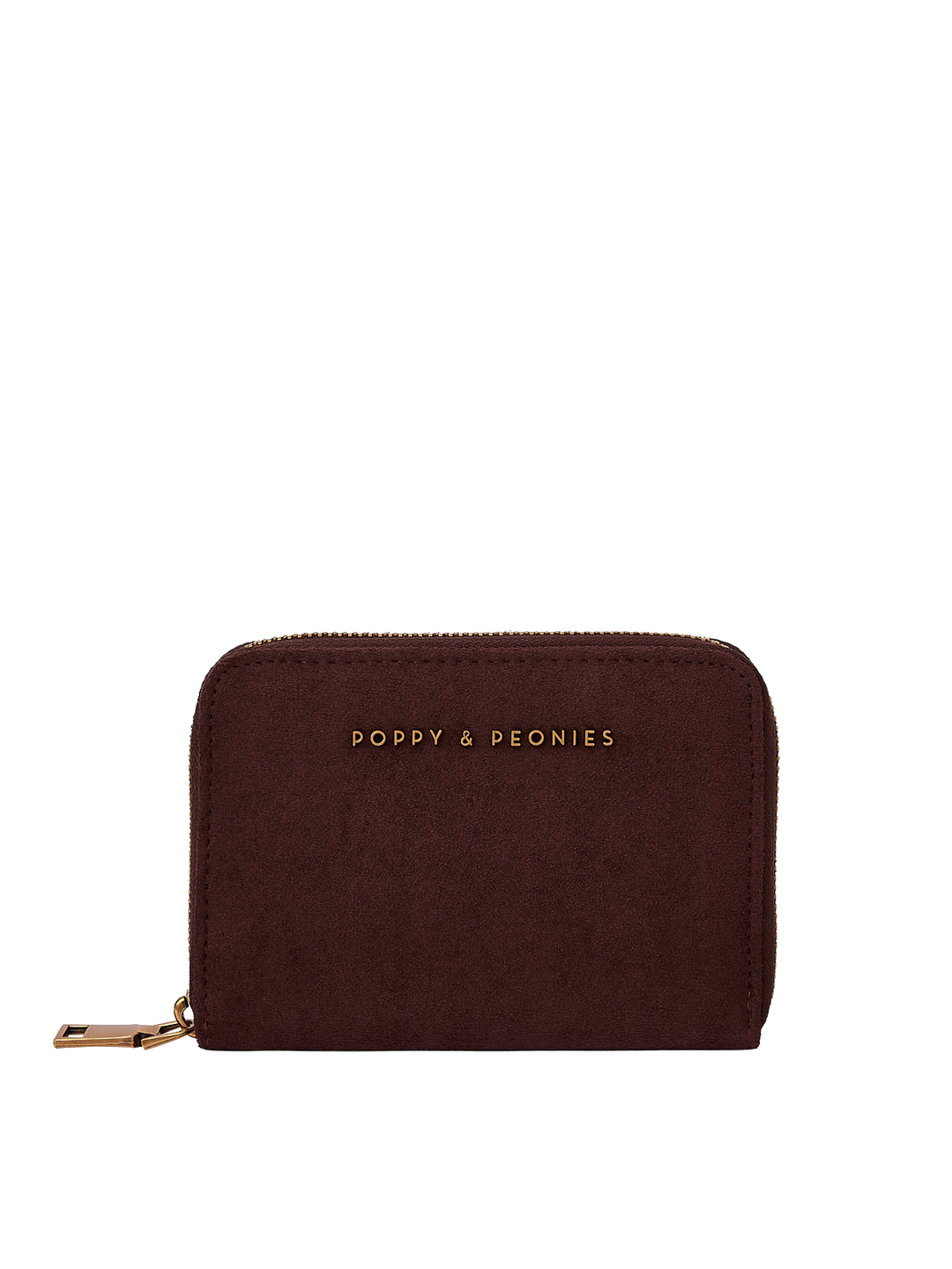 Poppy & Peonies The Grab and Go Wallet in Espresso Suede clean front view, highlighting the compact silhouette, suede texture and signature logo.