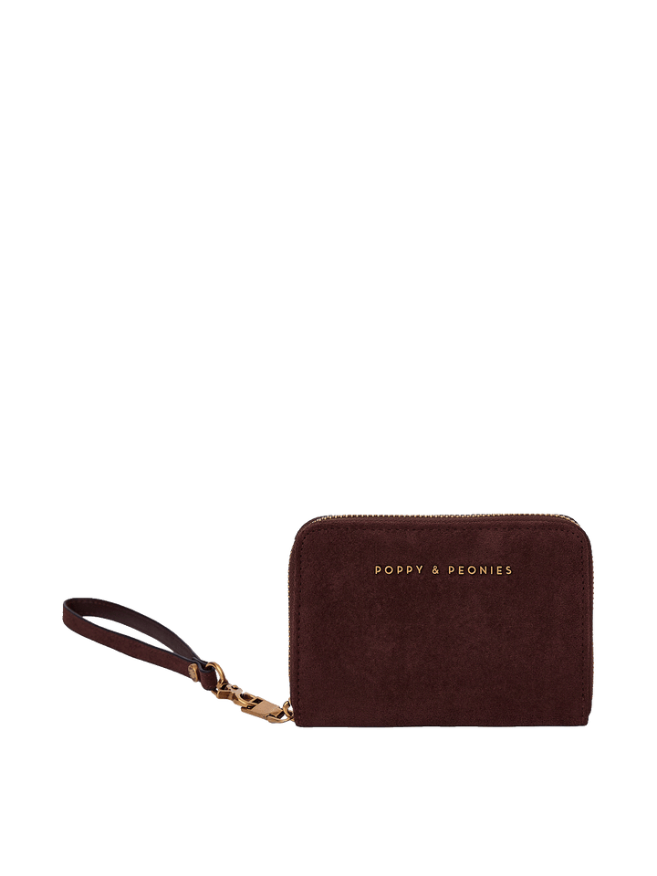 Poppy & Peonies Grab and Go Wallet in Espresso Suede with detachable wristlet. 