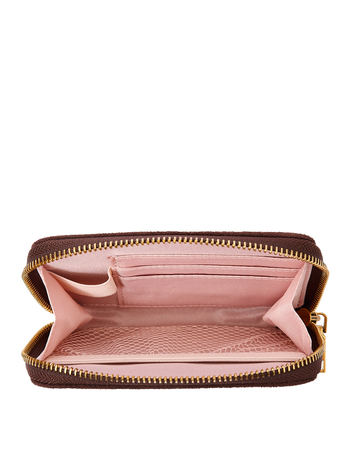 Poppy & Peonies The Grab and Go Wallet in Espresso Suede open interior view, showcasing blush-pink lining, card slots and organized compartments.