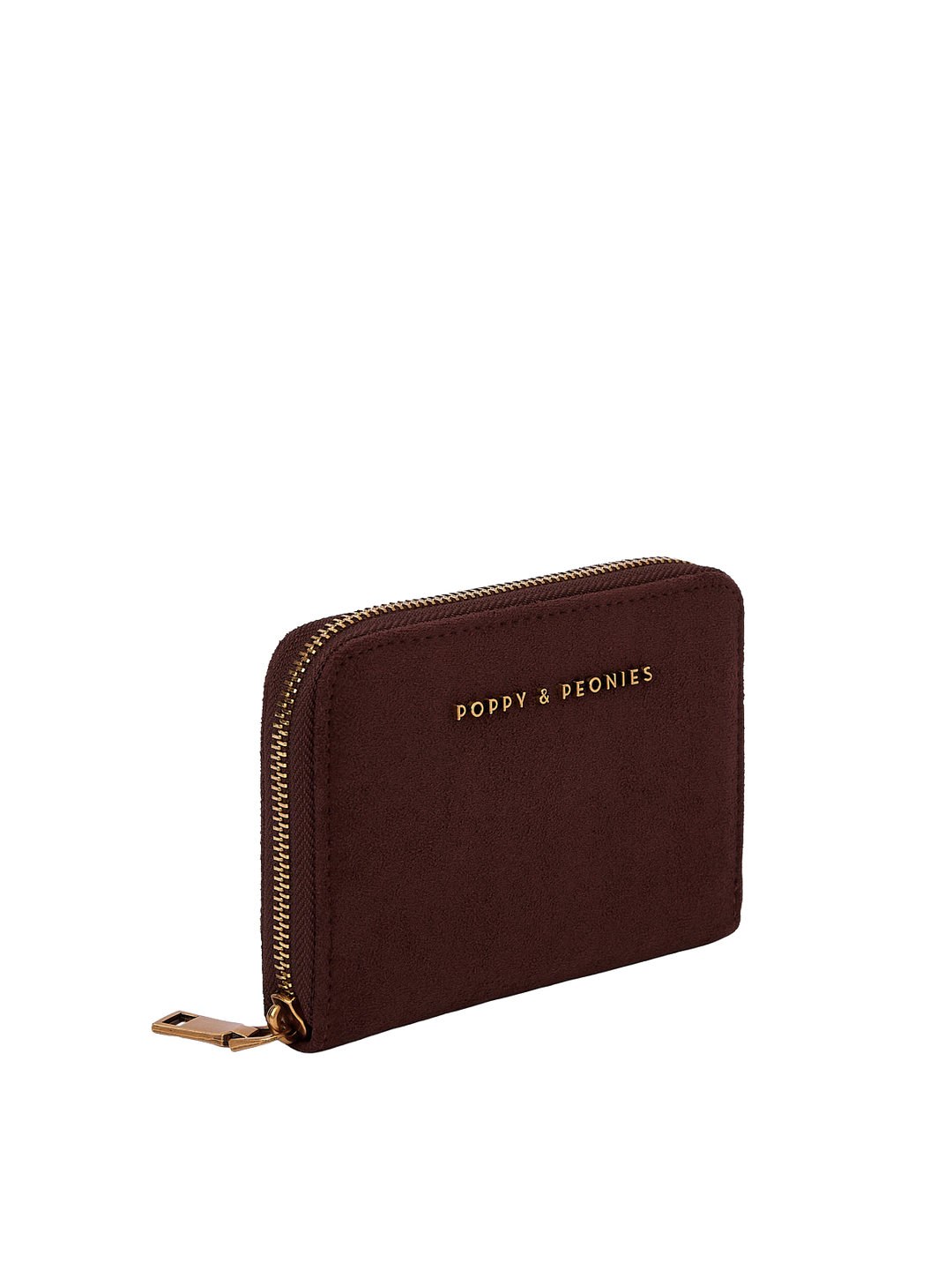 Poppy & Peonies The Grab and Go Wallet in Espresso Suede angled side view, highlighting the zip-around closure, structured shape and soft suede exterior.