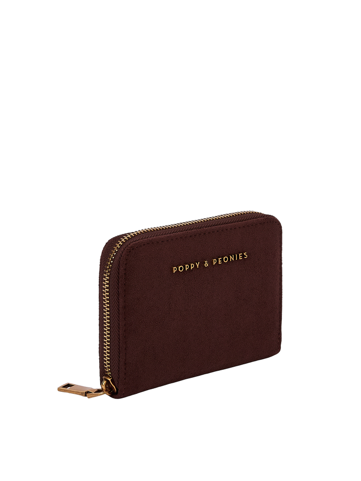 Poppy & Peonies The Grab and Go Wallet in Espresso Suede angled side view, highlighting the zip-around closure, structured shape and soft suede exterior.