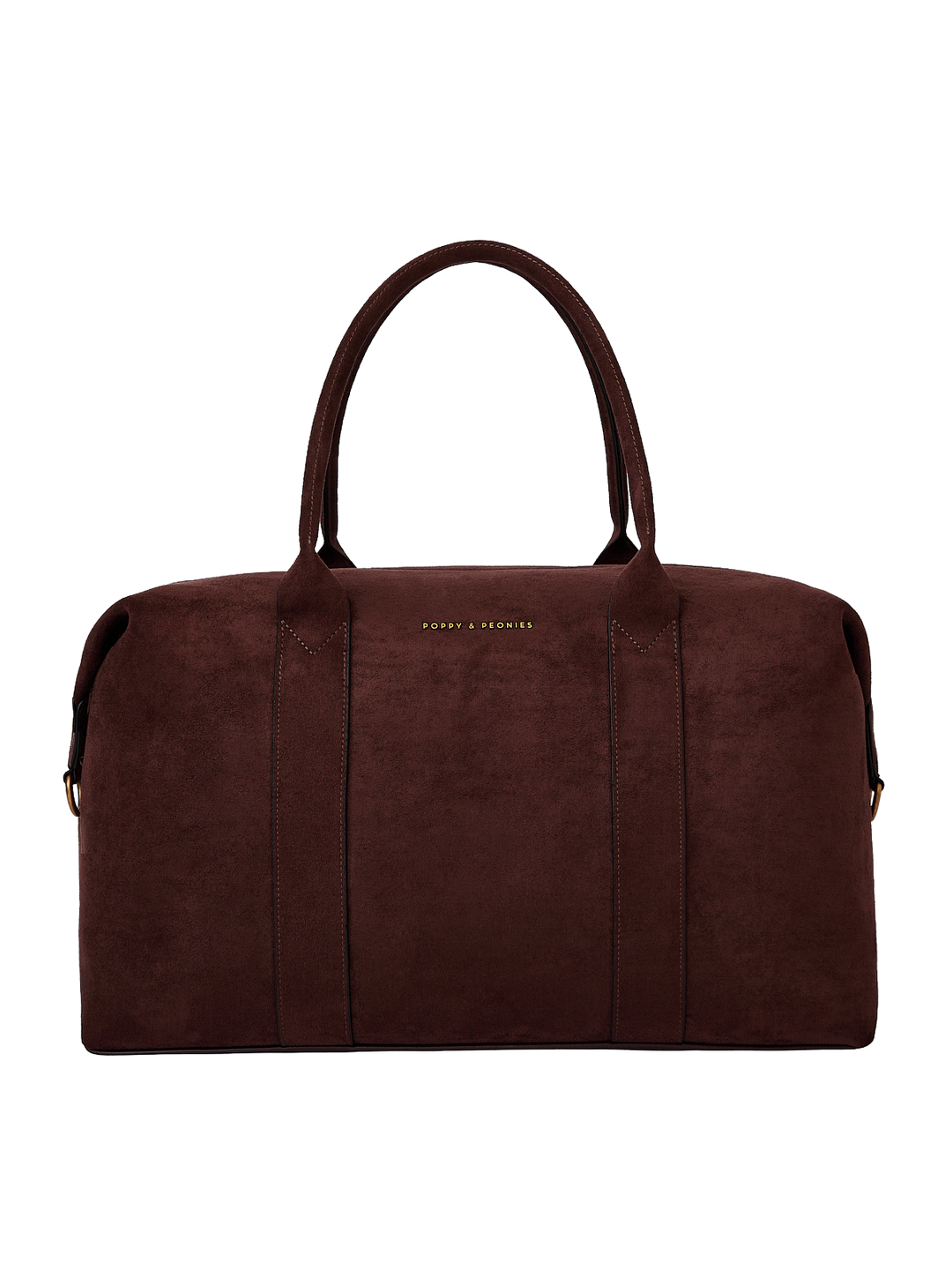 Poppy & Peonies Take Off Tote in Espresso Suede clean front view, highlighting the soft suede exterior, top handles and signature logo.