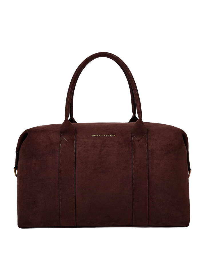 Poppy & Peonies Take Off Tote in Espresso Suede clean front view, highlighting the soft suede exterior, top handles and signature logo.