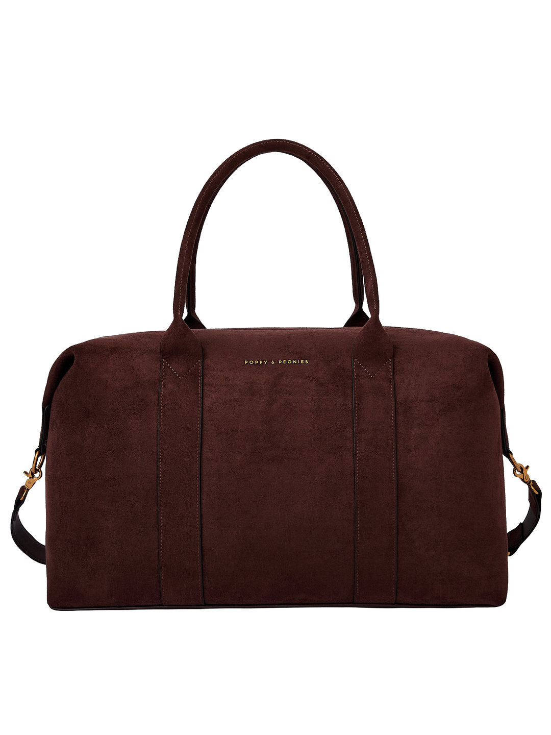 Poppy & Peonies Take Off Tote in Espresso Suede front view, featuring a structured silhouette, top handles and detachable shoulder strap.