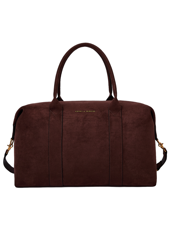 Poppy & Peonies Take Off Tote in Espresso Suede front view, featuring a structured silhouette, top handles and detachable shoulder strap.