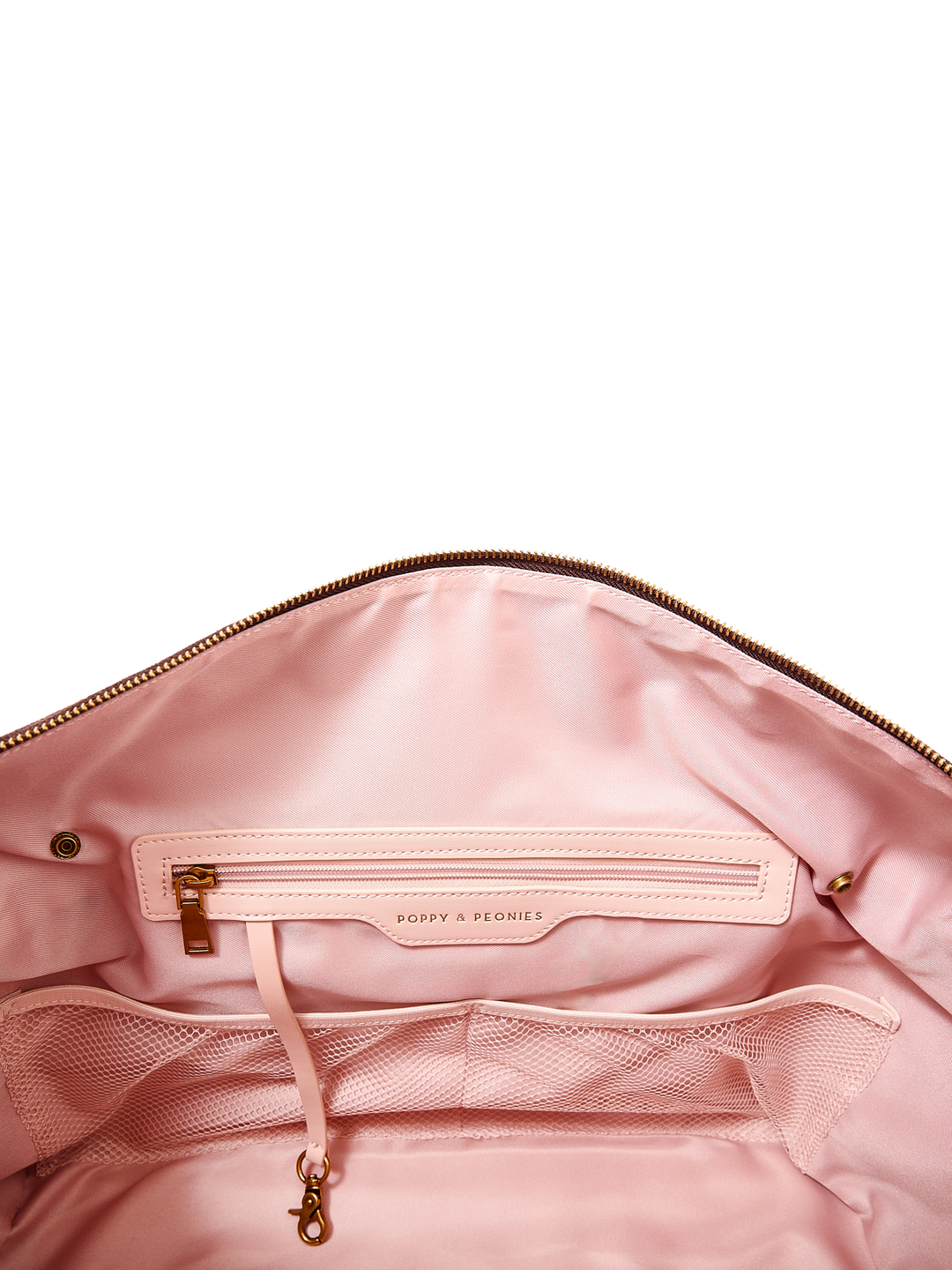 Poppy & Peonies Take Off Tote in Espresso Suede interior detail, featuring a zippered pocket, slip pockets and key leash against blush-pink lining.