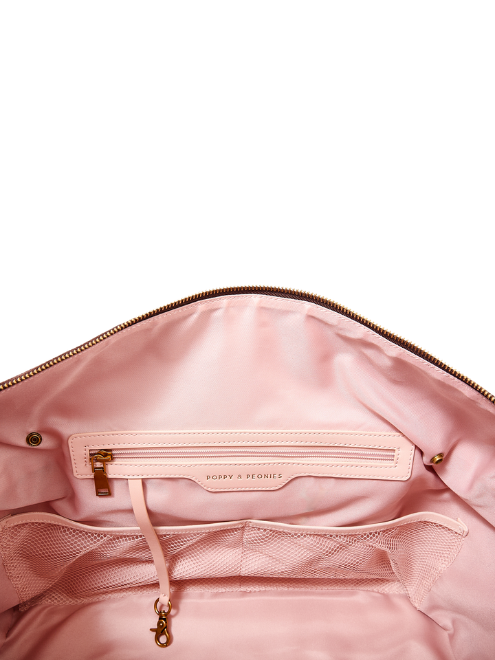 Poppy & Peonies Take Off Tote in Espresso Suede interior detail, featuring a zippered pocket, slip pockets and key leash against blush-pink lining.