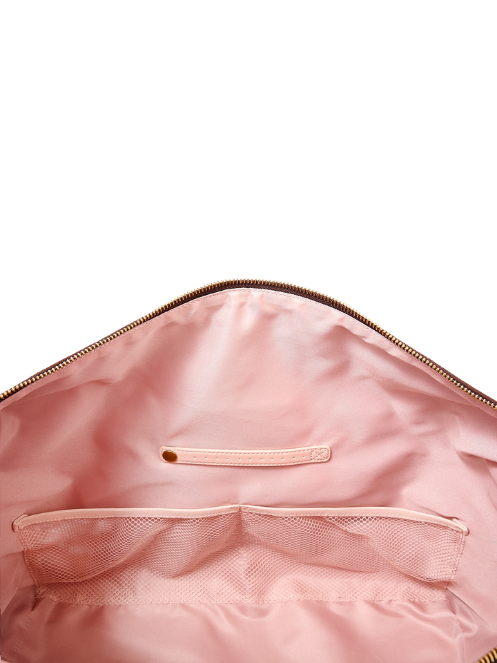 Poppy & Peonies Take Off Tote in Espresso Suede interior detail, showing multiple slip pockets for organizing everyday essentials.