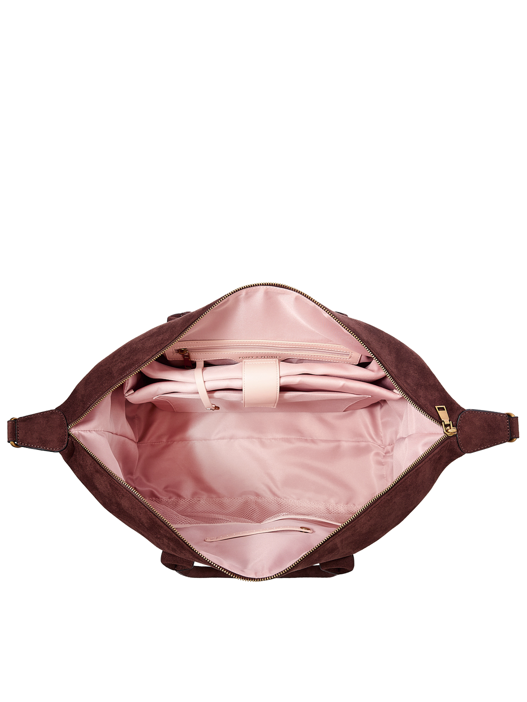 Poppy & Peonies Take Off Tote in Espresso Suede open top view, showcasing the spacious blush-pink lined interior and organized 