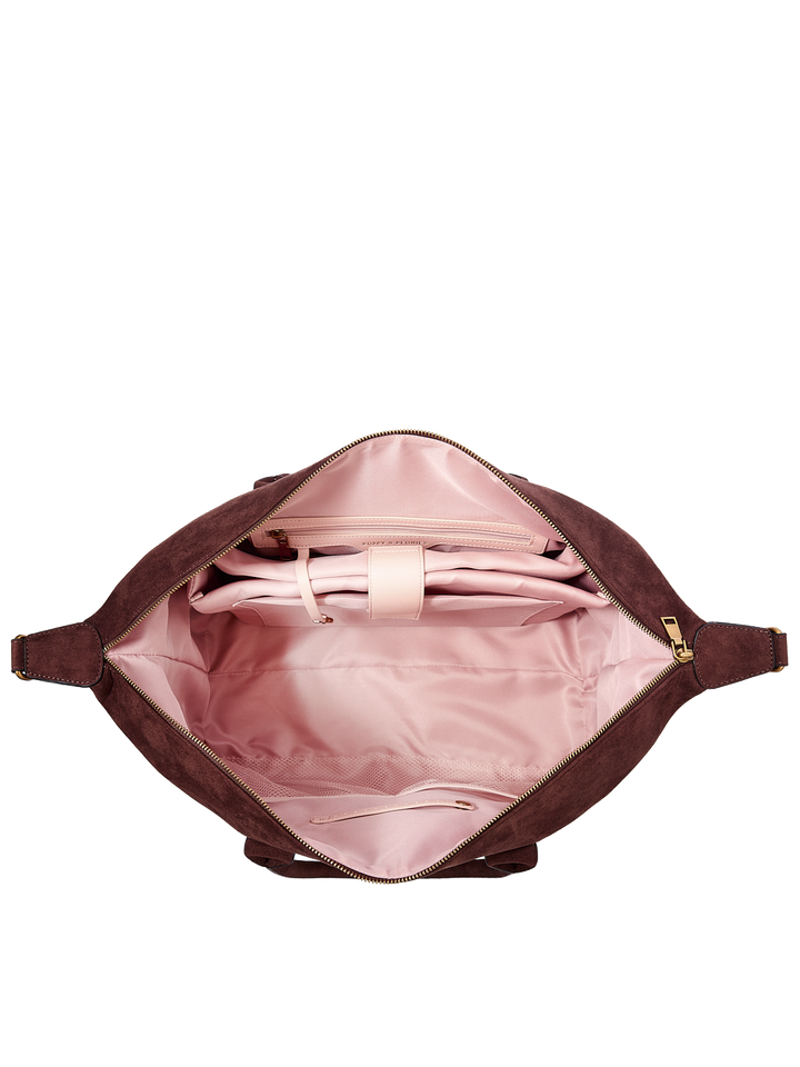 Poppy & Peonies Take Off Tote in Espresso Suede open top view, showcasing the spacious blush-pink lined interior and organized 