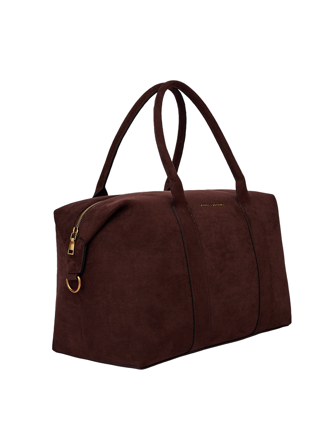 Poppy & Peonies Take Off Tote in Espresso Suede angled side view, highlighting the structured shape, top handles and gold-tone hardware.