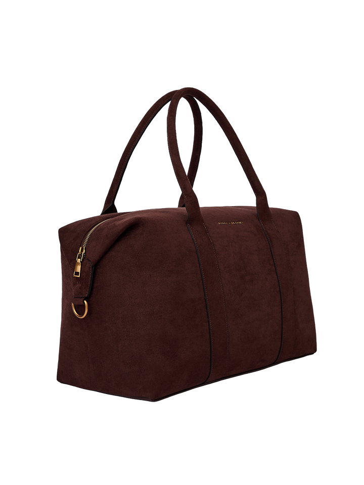 Poppy & Peonies Take Off Tote in Espresso Suede angled side view, highlighting the structured shape, top handles and gold-tone hardware.