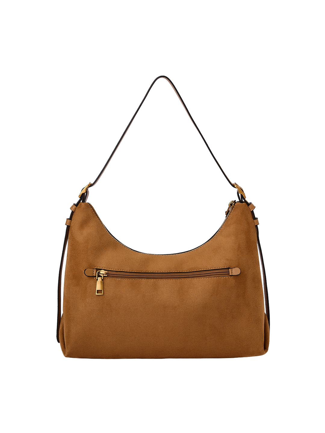 Poppy & Peonies The Sunday Bag in Cognac Suede back view, featuring an exterior zippered pocket, adjustable shoulder strap and gold-tone hardware.