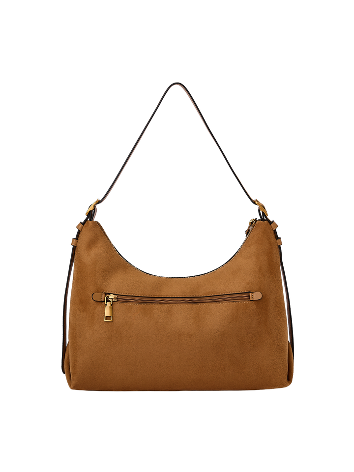 Poppy & Peonies The Sunday Bag in Cognac Suede back view, featuring an exterior zippered pocket, adjustable shoulder strap and gold-tone hardware.