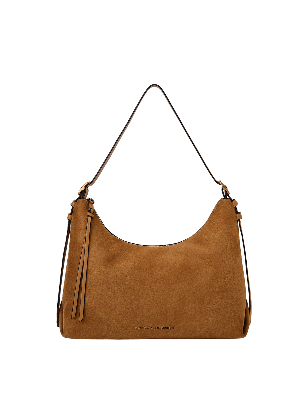 A tan suede hobo shoulder bag with a thin dark brown strap, gold-tone hardware, and a small gold logo on the front.