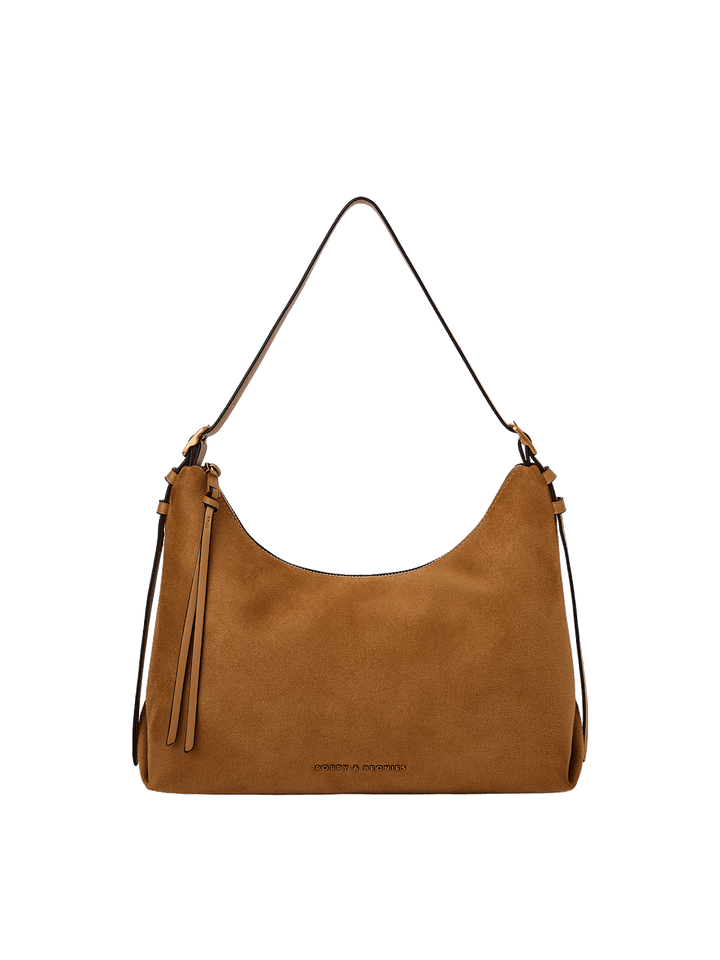 A tan suede hobo shoulder bag with a thin dark brown strap, gold-tone hardware, and a small gold logo on the front.