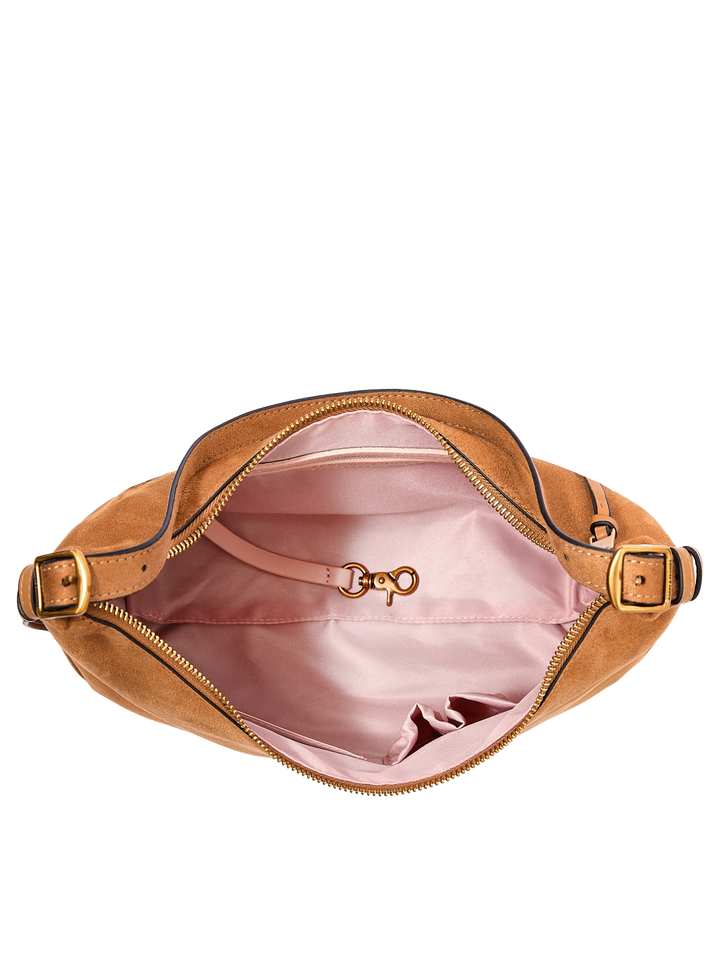 Poppy & Peonies The Sunday Bag in Cognac Suede open top view, showcasing the blush-pink lined interior, interior pocket and key clip.