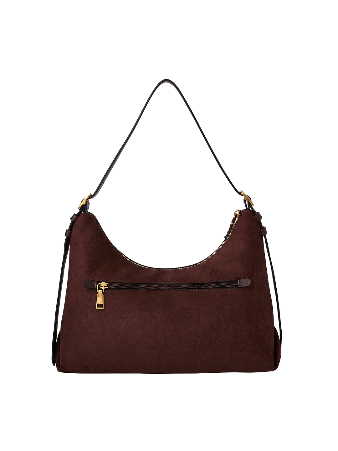 Poppy & Peonies The Sunday Bag in Espresso Suede back view, featuring an exterior zippered pocket, adjustable shoulder strap and gold-tone hardware.